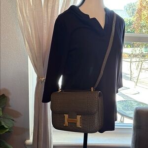 Elegant Gray Crocodile leather Bag with Gold Accents